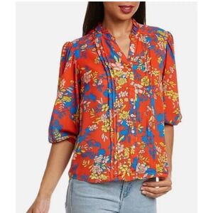 Nanette Lepore Women's Small Crepe Chiffon Blouse Saffron Sun Print Button